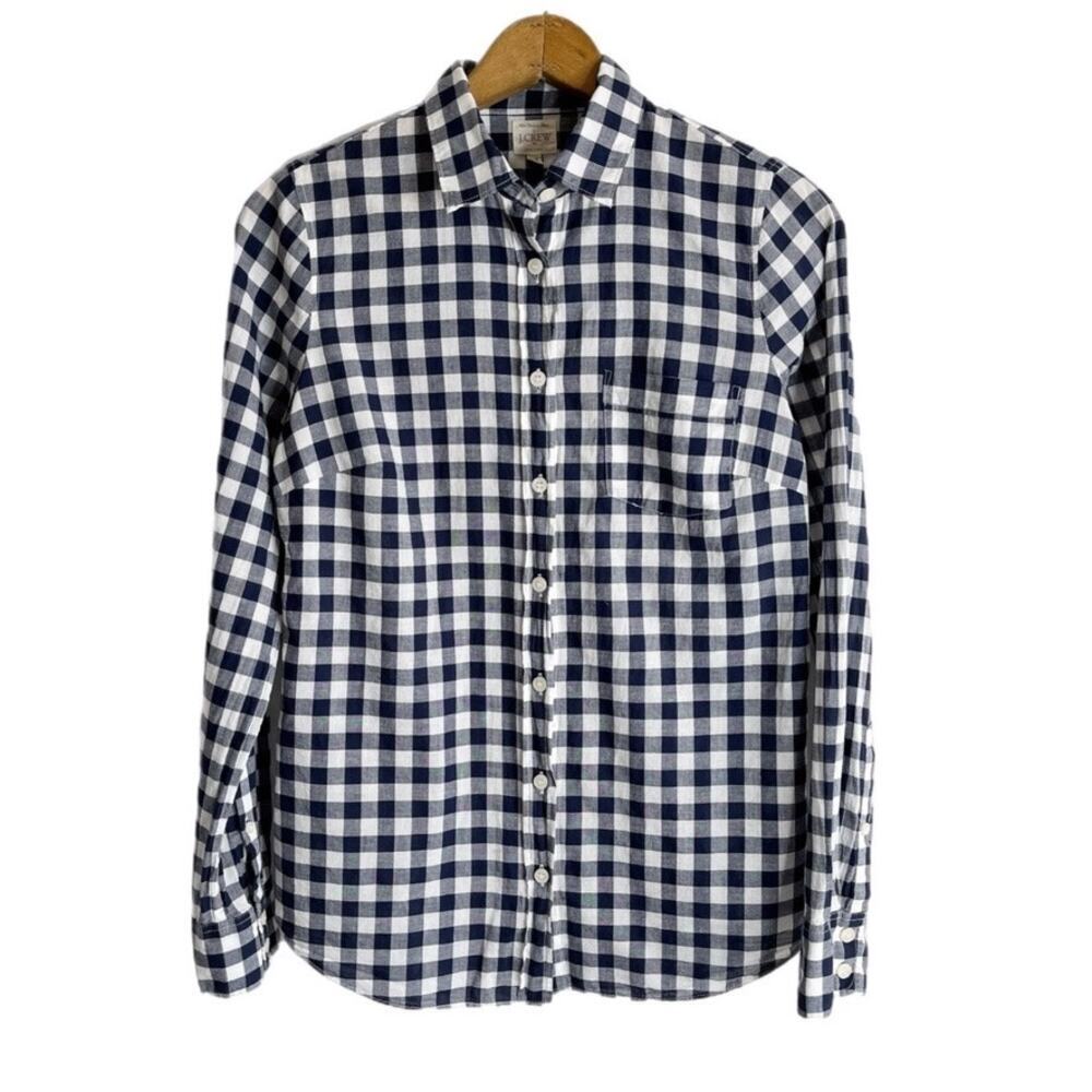J. Crew Women's The Perfect Shirt XS Gingham Check Navy Blue Button Up Cotton - Picture 2 of 9